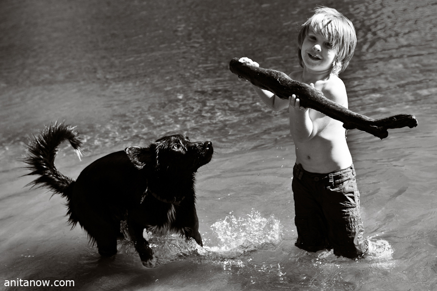 Boy, dog, the river and the end of summer. Kid photography, Seattle, WA