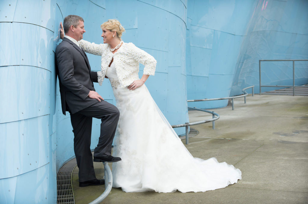 Seattle wedding couple photographed during playful conversation