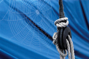 Spider web on a blue sail canvas